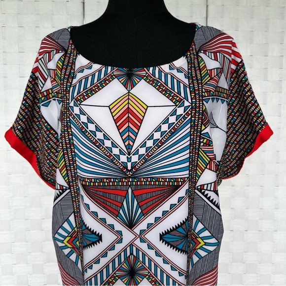 Gibson Latimer Geometric Tribal Caftan Midi Dress Boho Vacation Art to Wear Sz L - Picture 5 of 12